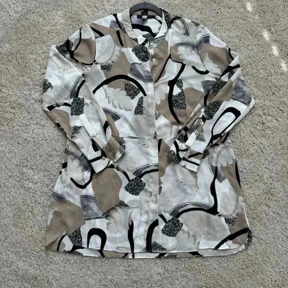 Alfani Button Down Blouse Sheer Womens Black White Tan Floral Print Sz 10 - Picture 1 of 6